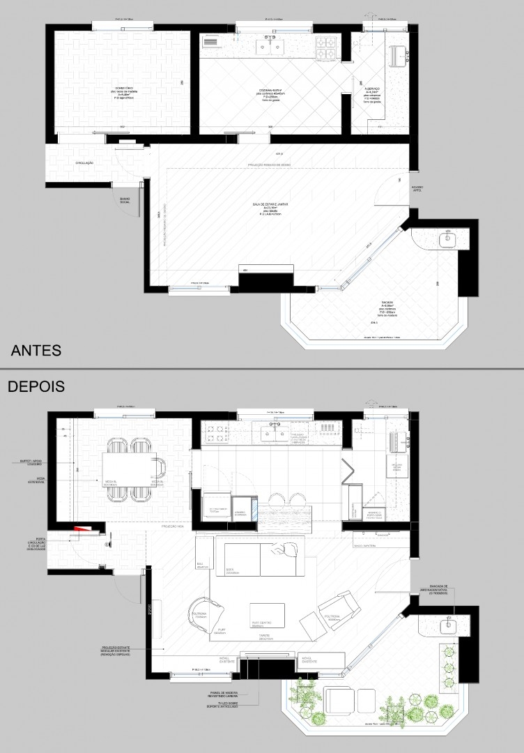 planta baixa de projeto, comparativo entre o antes e o depois